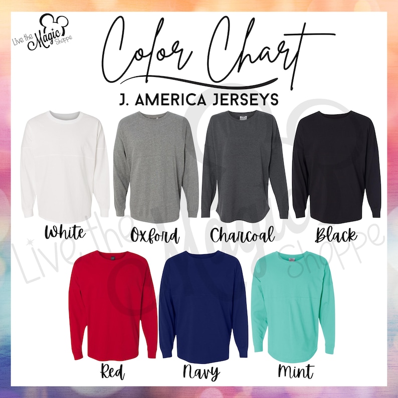 Puede incluir: Tabla de colores de camisetas J. America en blanco, gris Oxford, carb&oacute;n, negro, rojo, azul marino y menta. Se muestra el texto "Color Chart" y "J. AMERICA JERSEYS". El logotipo "Live the Magic Shoppe" est&aacute; en la esquina superior izquierda.