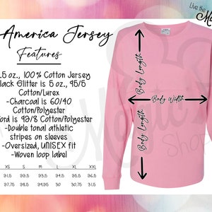 May include: A pink long-sleeved jersey with a size chart showing measurements in inches. The jersey is oversized and has a unisex fit. The text "J. America Jersey" and "Live the Magic Shoppe" are visible on the image.