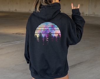 Retro Sunset Hoodie for Women, Forest Hoodies, Pine Tree Hoodies, Sunset Hoodie, Women’s Hiking Sweatshirts, Camping Hoody