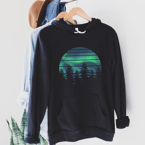 Northern Lights Hoodie, Women’s Forest Sweatshirt, Womens Hiking Shirt, Cute Camping Shirt, Pine Tree Hoodie for her, Aurora Borealis Shirt