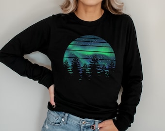 Northern Lights Long Sleeve T-Shirt, Women’s Forest Tees, Women’s Long Sleeve Hiking Tshirts, Cute Camping Shirt