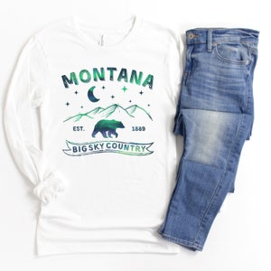 Women’s Long Sleeve Montana T-shirts, Northern Lights Tshirt, Montana State Shirts, Women’s Hiking Shirts, Montana Tees for Her