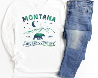 Women’s Long Sleeve Montana T-shirts, Northern Lights Tshirt, Montana State Shirts, Women’s Hiking Shirts, Montana Tees for Her