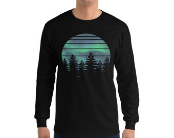 Northern Lights Long Sleeve T-Shirt, Men’s Forest Tees, Men’s Long Sleeve Hiking Tshirts, Camping Shirt for Him