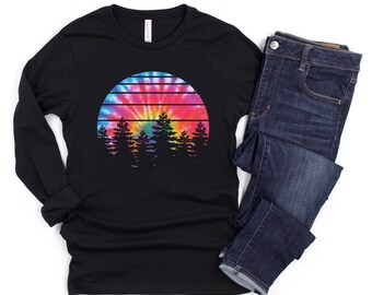 Retro Sunset Long Sleeve T-Shirts for Women, Women’s Forest Tees, Tie Dye Graphic Shirt, Women’s Long Sleeve Hiking Tshirts, Pine Tree Top