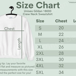 May include: Size chart for a unisex Gildan 18000 crew neck sweatshirt. The chart shows measurements in inches for chest and length for sizes S, M, L, XL, 2XL, 3XL, 4XL, and 5XL.