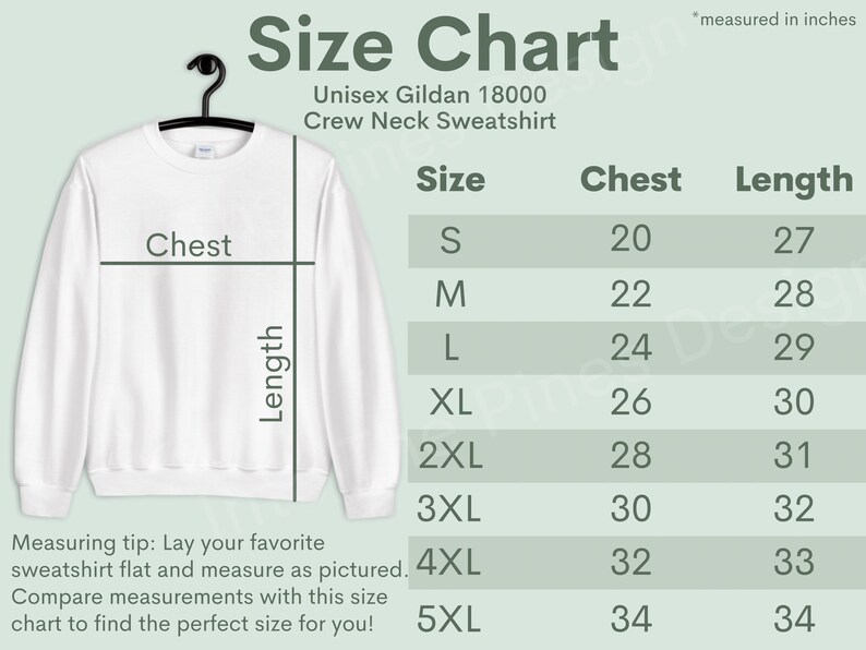 May include: Size chart for a unisex Gildan 18000 crew neck sweatshirt. The chart shows measurements in inches for chest and length for sizes S, M, L, XL, 2XL, 3XL, 4XL, and 5XL.