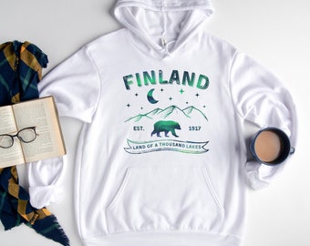Women’s Finland Hoodie, Northern Lights Hoodies, Finnish Hiking Shirt, Finland Hoody for Her, Travel Finland Top, Finnish Gift