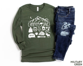 Long Sleeve Camping T-shirts for Women, Camping Vibes Shirt, Gift for Camper, Adventure T-shirts, Nature Tees, Outdoors Shirts Cute Camp Tee