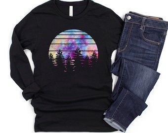 Women’s Retro Sunset Long Sleeve T-Shirts, Women’s Forest Tees, Tie Dye Graphic Shirt, Women’s Long Sleeve Hiking Tshirts