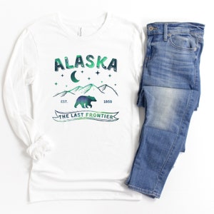Women’s Long Sleeve Alaska T-shirts, Northern Lights T-Shirt, Alaska State Shirts, Women’s Hiking Shirts, Alaska Shirts for Her