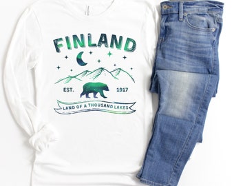 Women’s Finland Long Sleeve T-shirt, Northern Lights Tshirt, Finnish Hiking Shirt, Finland Tees for Her, Travel Finland Top, Finnish Gift
