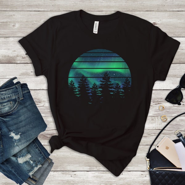 Camiseta Northern Lights, camisetas de bosque para mujeres, camisetas de senderismo para mujeres, linda camisa de campamento