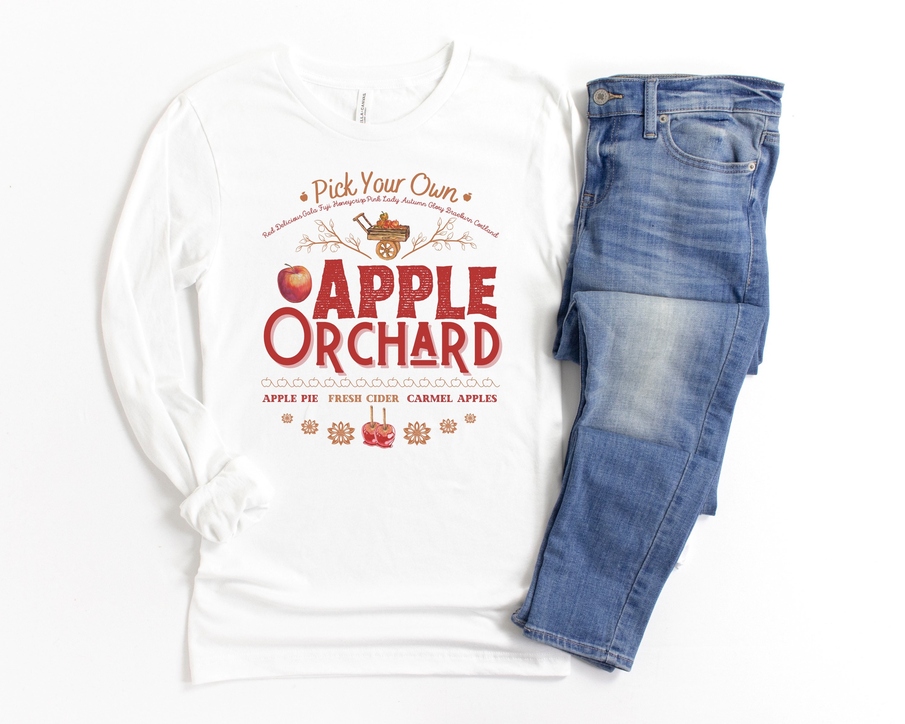 Fall Apple Long Sleeve T-shirt, Apple Orchard Tshirts, Cute Fall