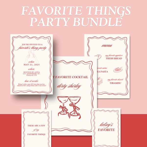 Favorite Things Party Bundle Template | Invitation, Name Card, Menu & Drink Menu | Custom Printable Event Set | Fully Customizable
