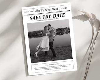 Vintage Newspaper Save the Date Card - Fully Customizable Canva Template - Printable Wedding Announcement - Instant Download