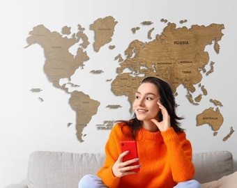 Wooden World Map Wall Art Travel Map Wood world map 5th Anniversary husband gift Home wall art Housewarming gift