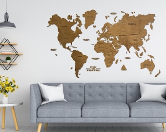 Mapa mundi de madeira, arte de parede para casa, decoração de parede, mapa mundi, presente de aniversário, inauguração de casa, viagem