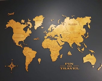 Wooden World Map with Countries Travel Map  World Map Push Pin World Map Wall Art Wood Wall Art Housewarming Gift