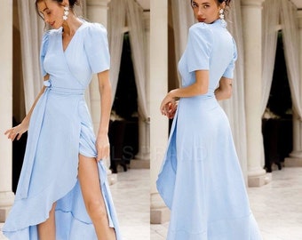Pale Blue V-neck Wrap Midi Dress,Bridesmaid Midi Dress, Summer Midi Dress, Wedding Guest Dress,Simple Wedding Dress