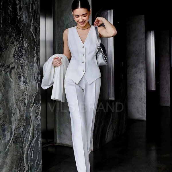 White Elegant Three Piece Suit, Civil Wedding Suit,Blazer Trousers Vest Suit, Lesbian Wedding  PantSuit, White Formal Suit