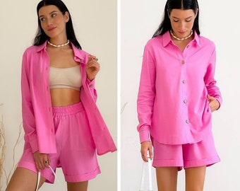 Pink Linen Short with Shirt, Linen Suit Set, Women Linen Suit, Summer Linen Suit, Linen Suit Women, Pink Linen Shirt, Suit