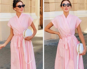 Women's  Wrap Dress, Pink Cotton  Dress, Wrap Midi Dress, Pink Midi Dress, Summer Cotton Dress, Wedding Guest Dress