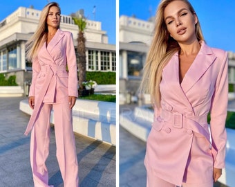 Pink Women's Pantsuit, Blazer Trousers Suit with Belt, Tall Women Pantsuit, Pink Graduation Suit, Wedding Guest Suit, Women Suit