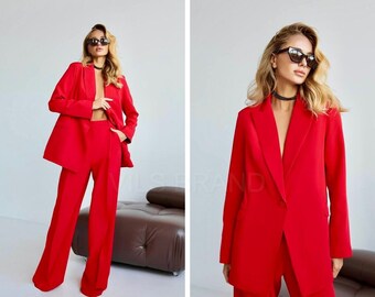 Red Formal Women's Suit, Single Breasted Blazer with Palazzo Pants, Red Prom Pantsuit, Wedding Guest Suit, Formal Pantsuit