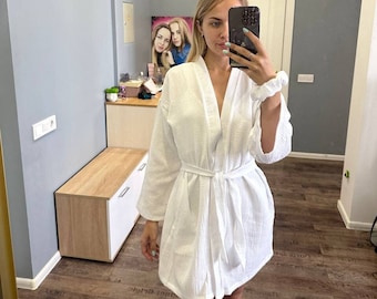 White Muslin Robe, Bridesmaid Robe, Organic Cotton House Robe, Gift for Her, Muslin Robe with Belt