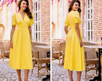 Elegant Yellow Women Dress, Midi Formal Dress, Summer Light Dress, Prom Yellow Dress, Wedding Guest Dress, Short Sleeve Dress