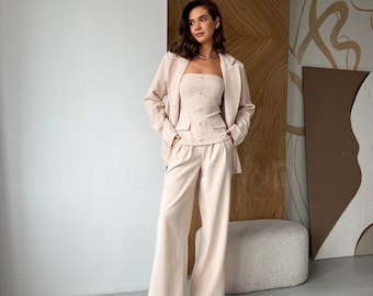 Women's Formal Pantsuit , Beige Double Breasted Blazer, Graduation Pantsuit, Prom Women Suit, Elegant Corset with Buttons