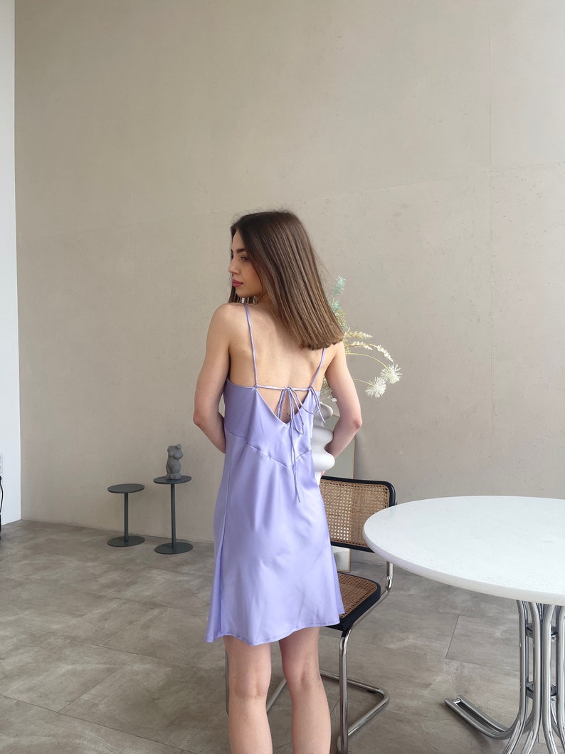 Lilac slip mini dress, 90s slip dress, bridesmaid nightgown, silk satin mini dress, open back dress image 10