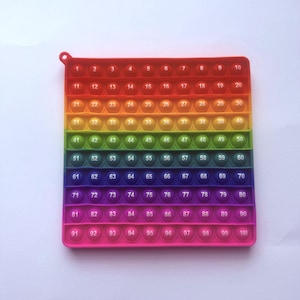 Könnte beinhalten: Ein quadratisches, mehrfarbiges Fidget-Spielzeug mit nummerierten Blasen von 1 bis 100. Das Spielzeug besteht aus Silikon und hat eine Schlaufe zum Aufhängen. Die Farben reichen von Rot bis Lila.