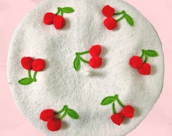 Cherry pompom ladies women beret | Sweet rockabilly beret hat | Valentines girlfriend gift | Red Black White Cherry wool beret hat