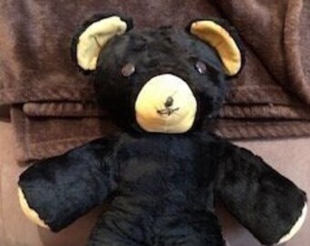 17" Vintage Handmade Black Teddy Bear, Unjointed, Corduroy Nose, & Paws, Button Eyes, Nose, Stitched Mouth