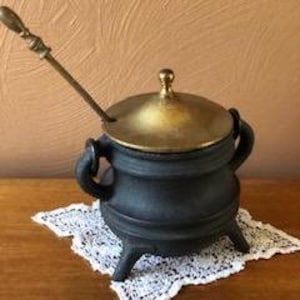 1940s Cast Iron Fire Starter Smudge Pot with Handle, 3 Legs, Brass Lid, Pumice Wand
