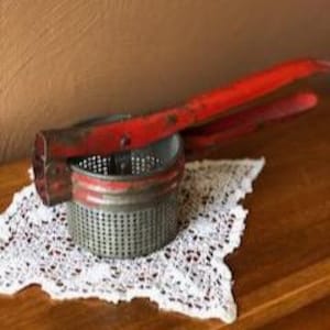 1950s Rustic Red Handle Potato Ricer Press Kitchen Utensil - Farmhouse Decor