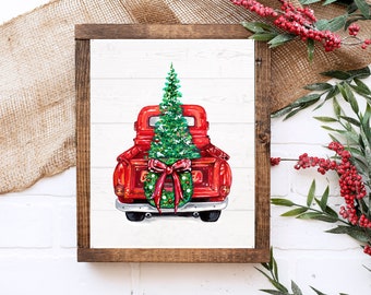 Arte de pared de Navidad, Letrero de Navidad de camión rojo, Decoración de pared de vacaciones, Imprimible de Navidad, Letrero de Granja de Navidad, Decoración de vacaciones rústicas