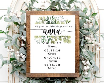 Christmas gift for grandma, My greatest blessings call me nana sign, Sign with childrens names gift for grandma, Greatest blessings wall art