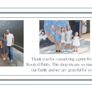 May include: A family of five poses in front of a mural with a painted planet. The parents are standing in the front, and the three children are standing behind them. The mural is painted on a brick wall. The family is smiling and looking at the camera. Thank you for considering a print from Rooted Prints. This shop means so much to our family and we are grateful for you!