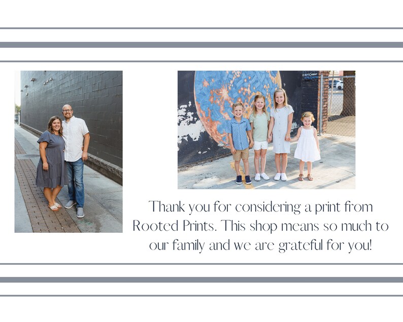 May include: A family of five poses in front of a mural with a painted planet. The parents are standing in the front, and the three children are standing behind them. The mural is painted on a brick wall. The family is smiling and looking at the camera. Thank you for considering a print from Rooted Prints. This shop means so much to our family and we are grateful for you!