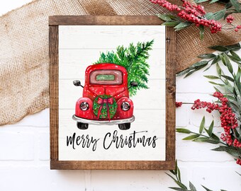 Arte de pared de Navidad, Letrero de Navidad de camión rojo, Decoración de pared de vacaciones, Imprimible de Navidad, Letrero de Granja de Navidad, Decoración de vacaciones rústicas