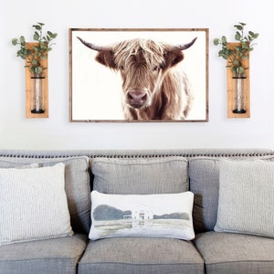 May include: A gray couch with three pillows, one with a farmhouse scene, in front of a white wall with a framed print of a brown Highland cow and two wooden wall vases with greenery.