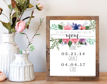 Valentine gift for her, My greatest blessings call me mom sign, Sign with children's names gift for mom, Greatest blessings wall art