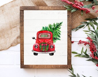 Arte de pared de Navidad, Letrero de Navidad de camión rojo, Decoración de pared de vacaciones, Imprimible de Navidad, Letrero de Granja de Navidad, Decoración de vacaciones rústicas