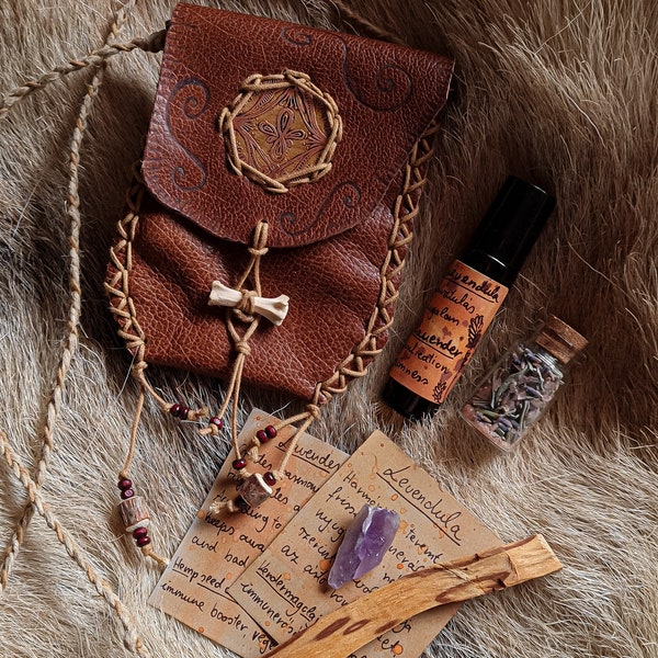 Medicine leather pouches with infused oils, raw minerals,copper pendants - shamanic and ancient healing for the spirit the soul and the body