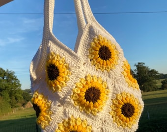 Crocheted bag • sunflower pattern • white, orange, yellow, brown