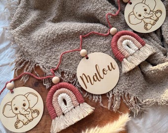 Personalized rainbow garland with name - baby room decoration made of wood & macrame - gift for birth or baptism