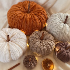 May include: Five crocheted pumpkins in various sizes and colors, including orange, white, beige, and brown. The pumpkins are arranged on a white surface with string lights and cinnamon sticks.